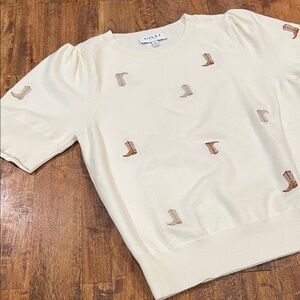 Gilli Cream Sweater Top with embroidered Brown Boots.